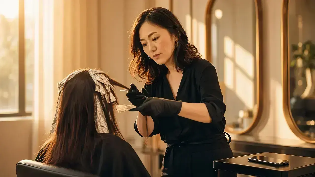 Colorist focused on a client in a sunlit salon while the front desk stays covered