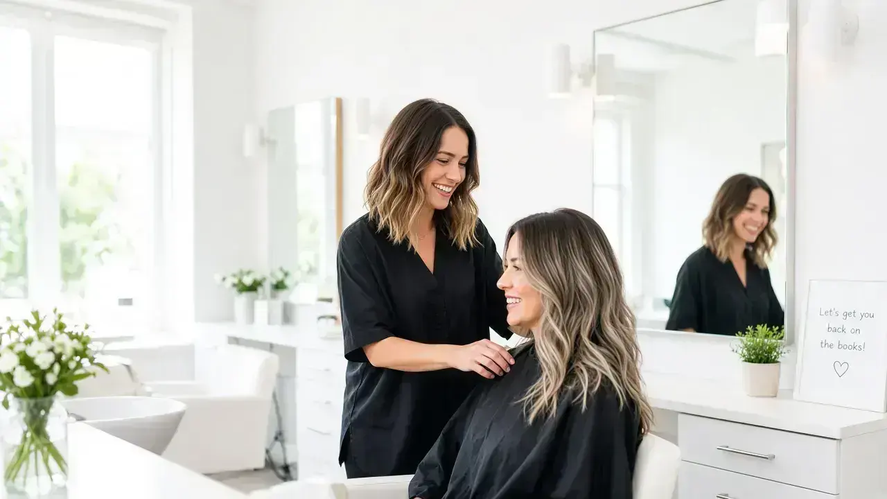Stylist and client sharing a finished look in an airy, bright salon