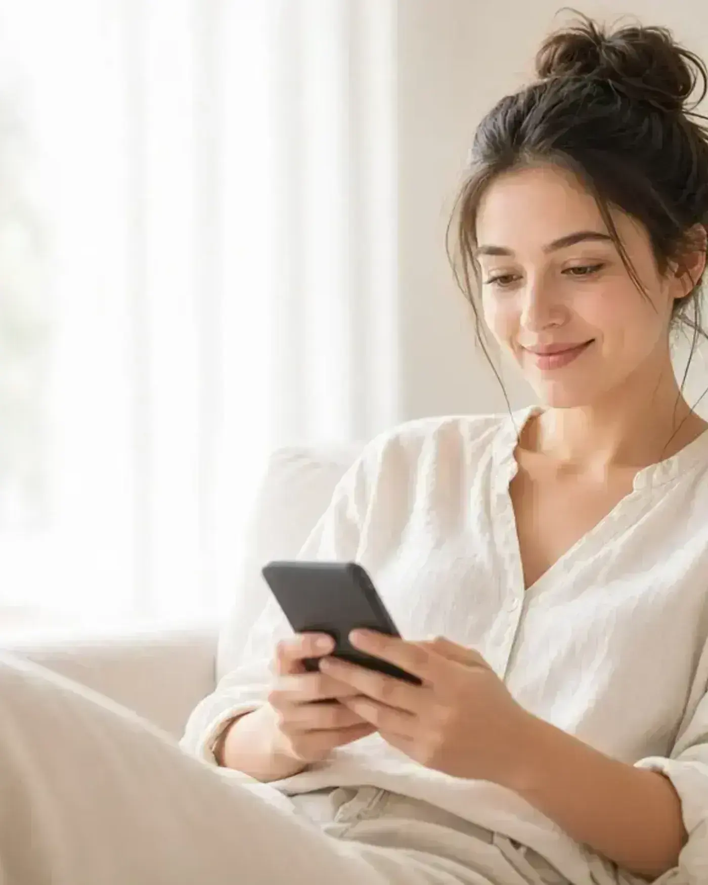 Client on a sunlit sofa checking appointment messages on her phone at home.