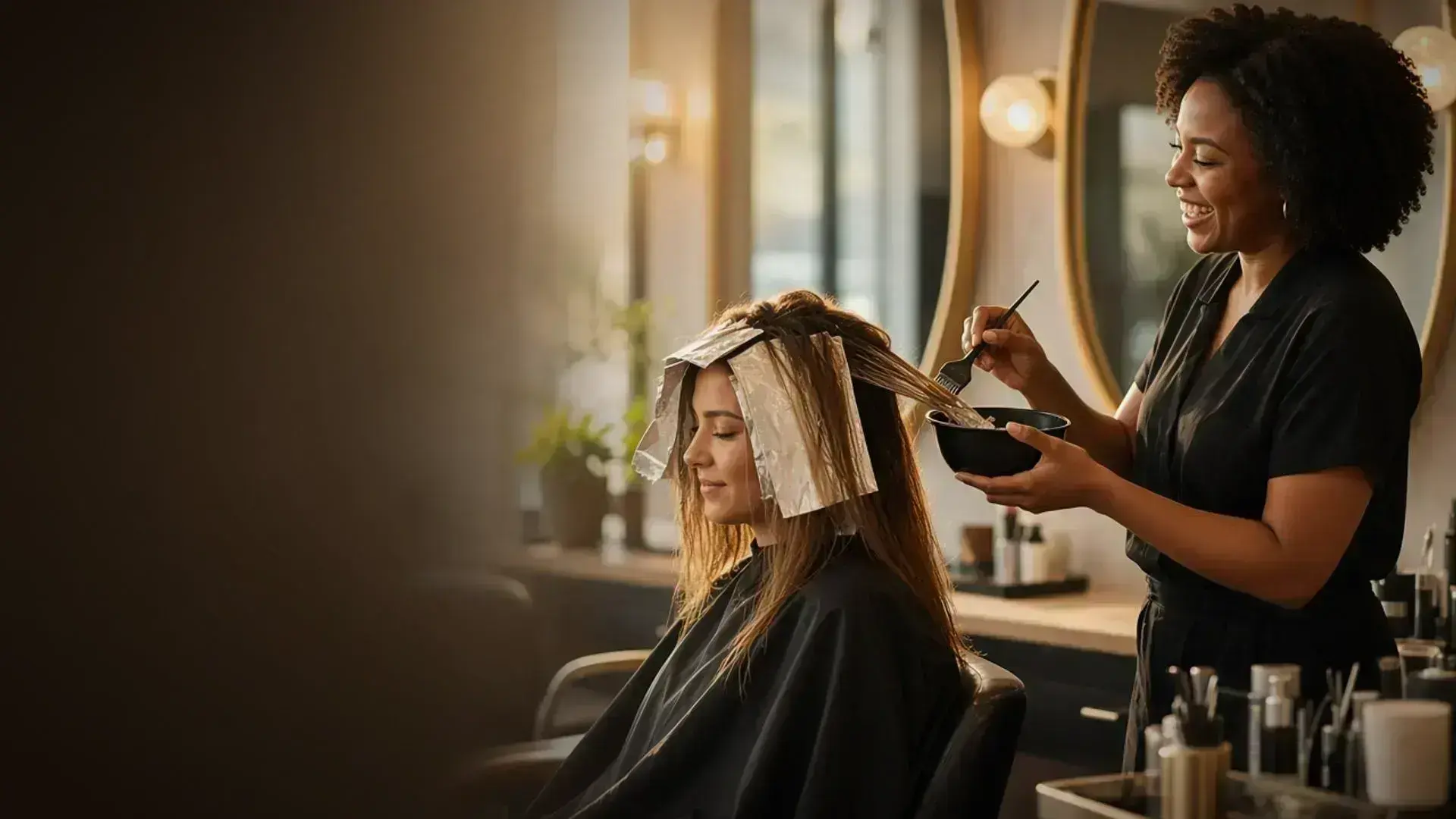 Black salon owner laughing while applying hair color to a client with foils at the color bar, golden window light and mirror bokeh.